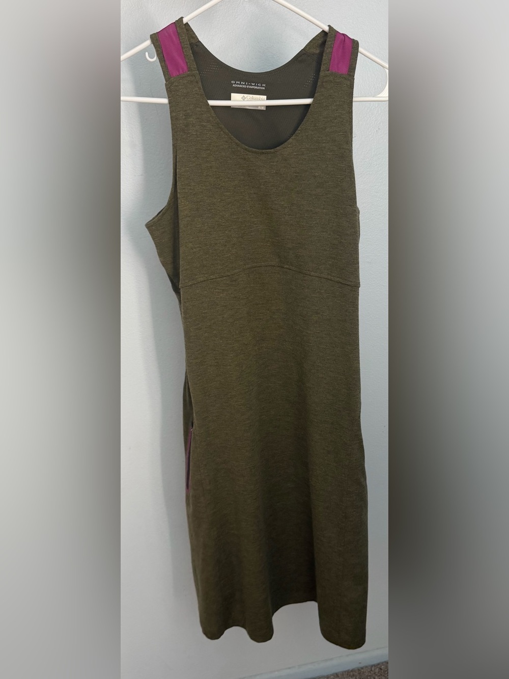 Columbia Olive Green Midi Dress with Purple Strap Accents
